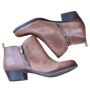 Lucky Brand Basel Booties Toffee Side Zip 1.5" Block Heel Round Toe 10W *WIDE*